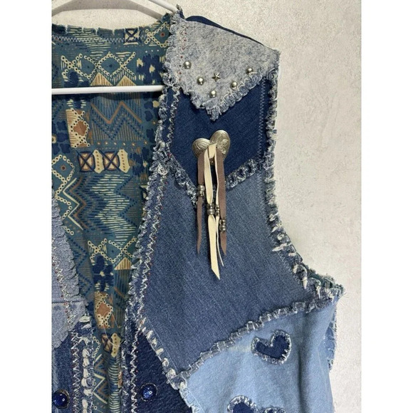 Womens Blue Denim Patchwork Vest South Western Y2k Boho Frayed LARGE READ - Picture 3 of 8